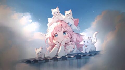 Anime Girl and Kitten In The Clouds