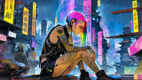 Cyberpunk | Girl with Headphones Sitting in the Rain