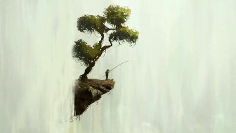 Fisherman Fishing at Waterfall Fantasy Nature – Animated Background