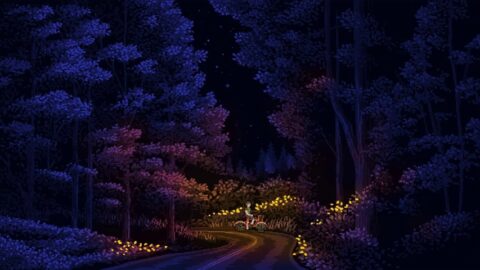 Boy Riding Bicycle at Night In The Forest Pixel Art