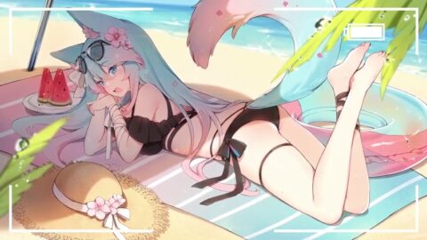 Silvervale Swimsuit VTuber Wolf-Girl with Fangs and Tail