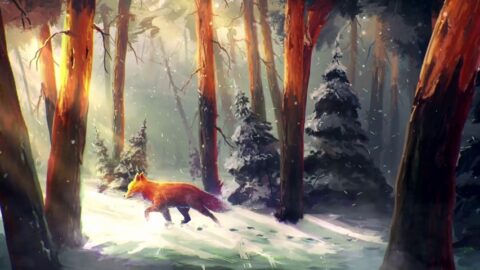 Fox Walking In The Winter Forest / Snowfall