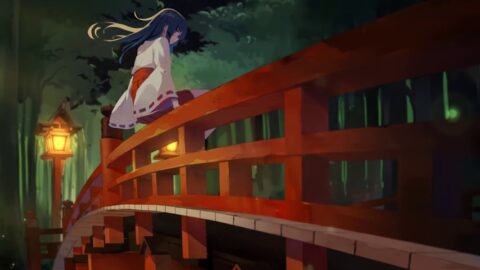 Anime Girl Miko Sitting On The Bridge 4K – Live Wallpaper