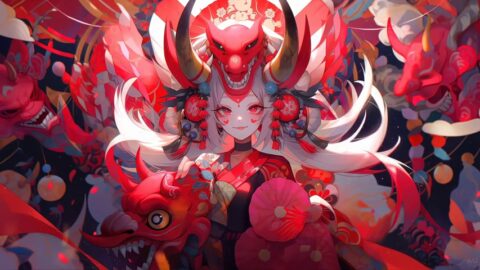 Red Oni Girl with Horns | Fantasy