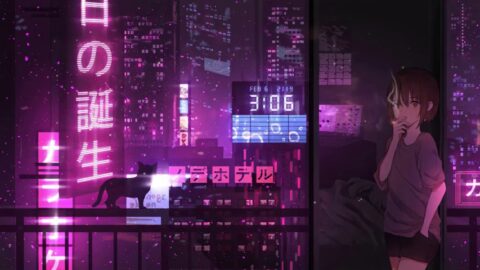 Anime Girl Smoking | Neon City | Night | Cat 4K – Live Theme