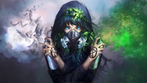Anime Girl with Mask with Sprays Dove 4K – Desktop Theme