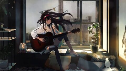 Girl Playing Guitar While Itâ€™s Raining Outside – Live Wallpaper