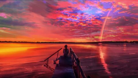 Anime Girl Sitting On The Bridge Watching The Sunset 4K – Desktop Theme