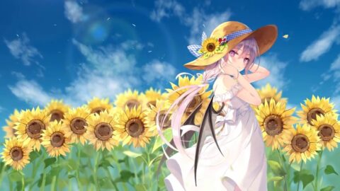 Cute Anime Girl and Sunflowers