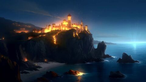 Coastal Fantasy Castle at Night | Lights