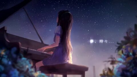 Cute Anime Girl Playing Piano Starry Night Sky With Fireworks 4K – Desktop Theme