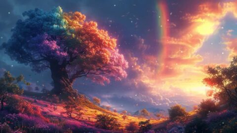 Fantasy Fable Tree on the Background of a Rainbow Sky