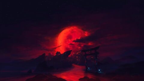 Blood Moon | Torii River | Fantasy World at 8K