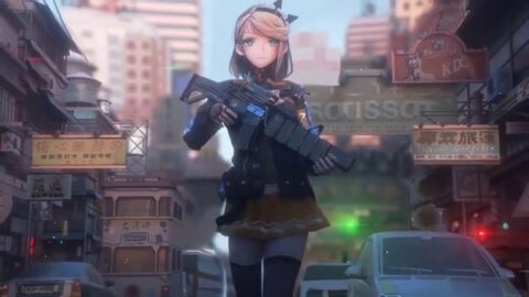 Cute Anime Girl Walking On The Street With a Gun 4K – Desktop Animated