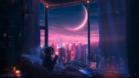 Lofi Girl Chilling by the Window Night City