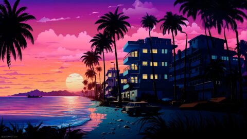 Retrowave Sunset Palm Tree and Beach