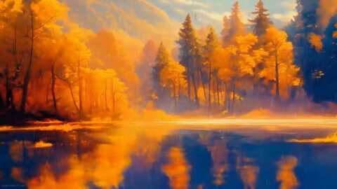 Golden Autum Lake and Forest at Rain