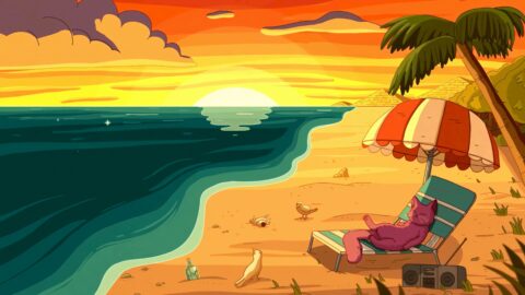 Pink Cat Sunbathing by the Sea