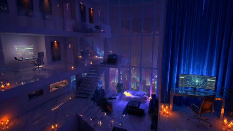 Modern Futuristic Penthouse and Rainy Night Outside the Window