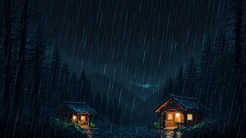 Silent Cabins and Endless Rain - Pixel Art - Live Wallpaper