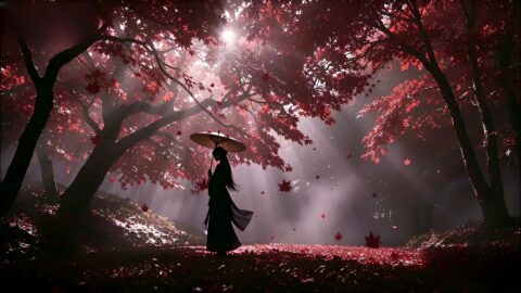 Whispers of the Crimson Leaves – Girl under the Umbrella