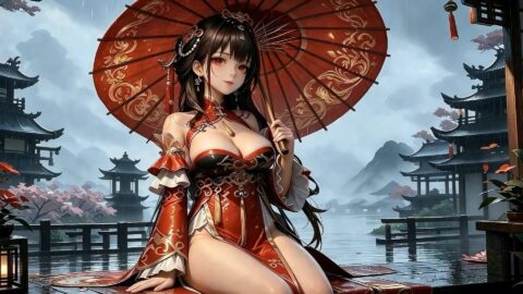 A Curvy Beauty Beneath the Red Umbrella